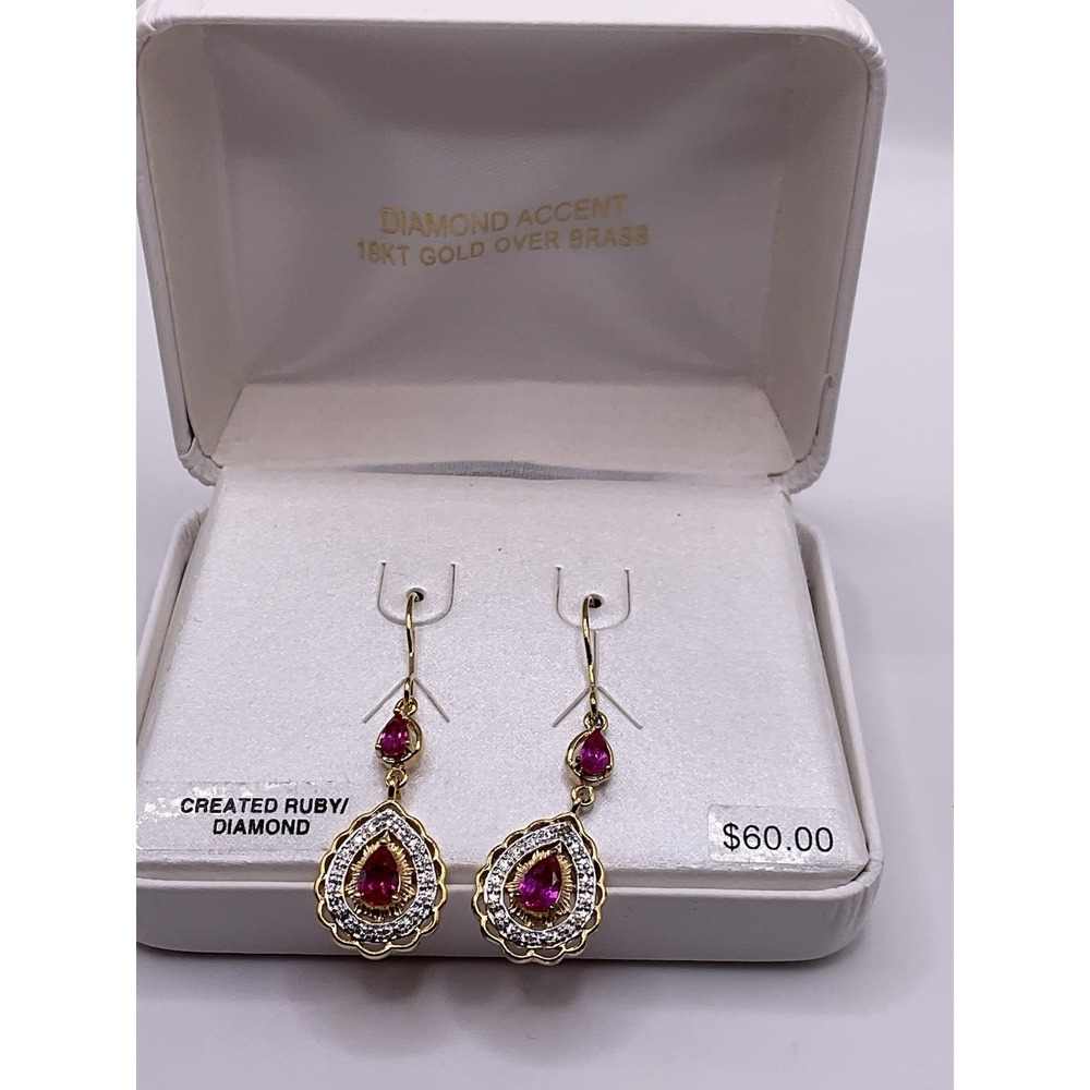 Diamond Accent Created Ruby 18kt Gold Over Brass Dangle Earrings - Picture 4 of 6
